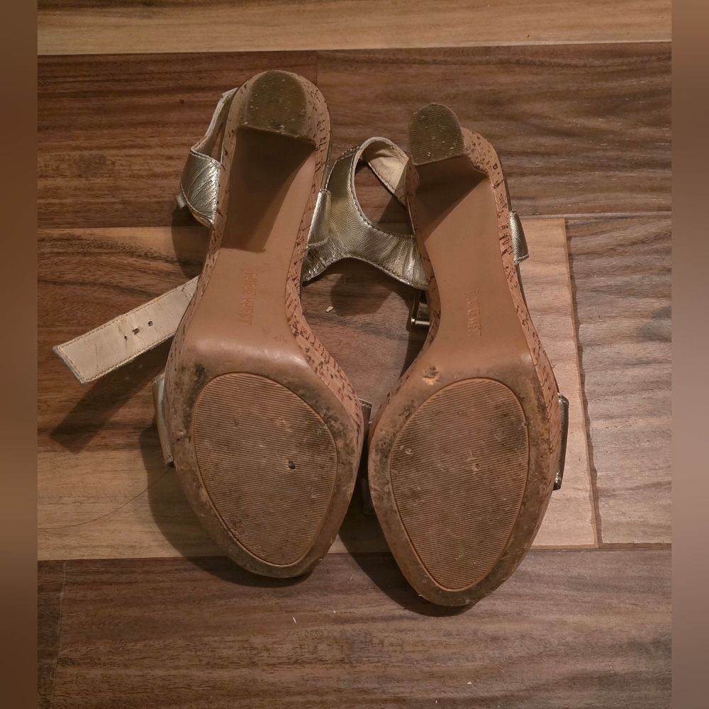 Nine West Elenny Gold Leather Cork Heel Platform Saldal Size 10, Euc - Picture 3 of 3